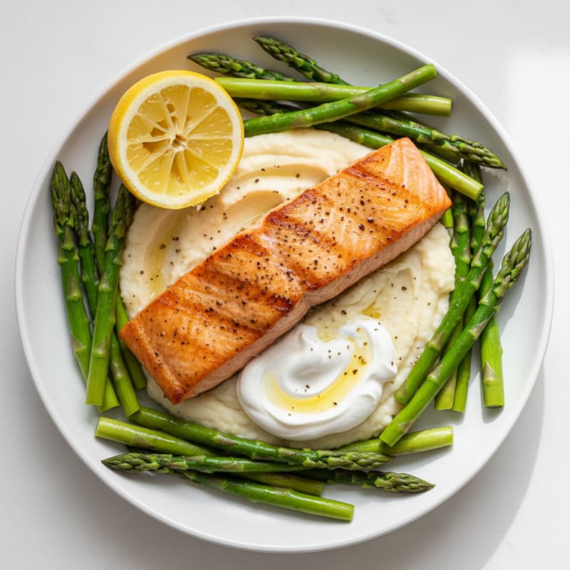 Seared Salmon with Steamed Asparagus and Cauliflower Mash