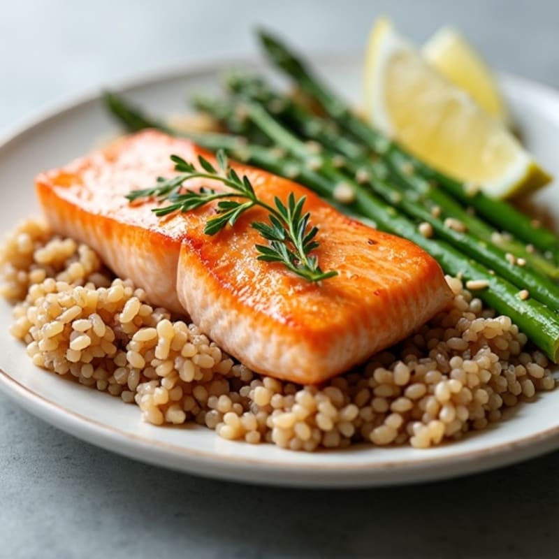 Seared Salmon Fillet with Steamed Asparagus and Brown Rice