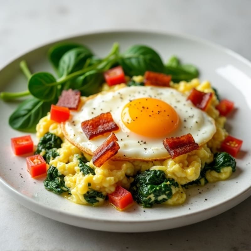 Fluffy Egg and Spinach Scramble with Lean Turkey Bacon