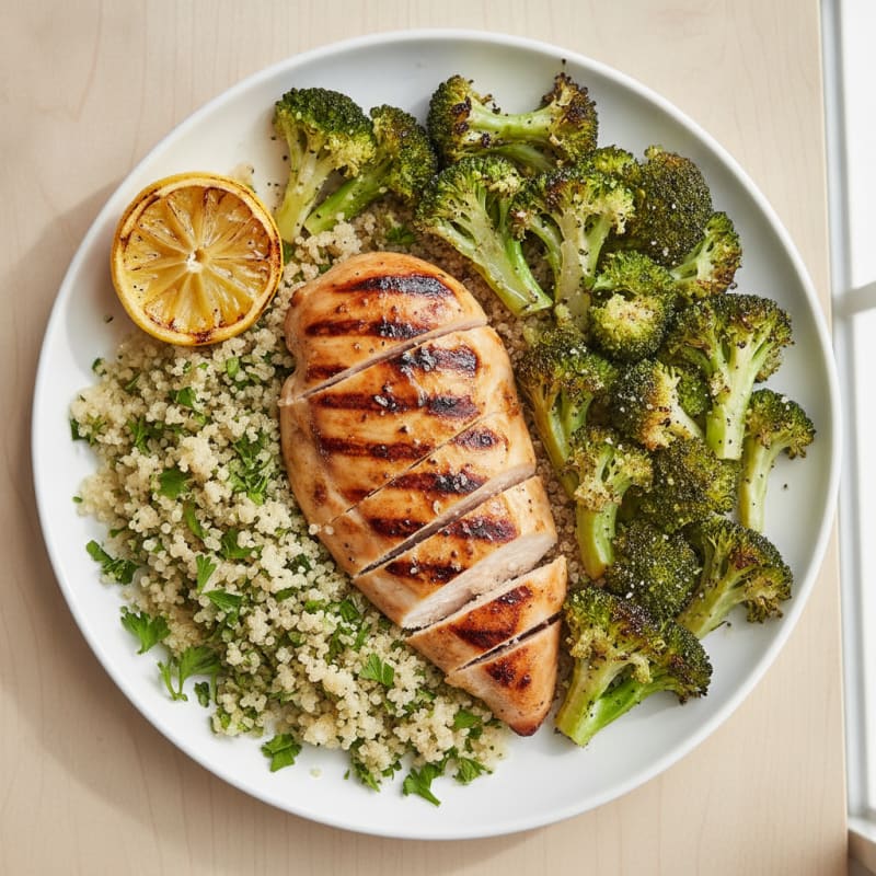 Grilled Chicken Breast with Roasted Broccoli and Quinoa