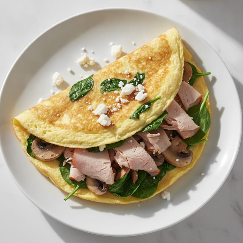Egg White Spinach Omelette with Smoked Turkey and Sautéed Mushrooms