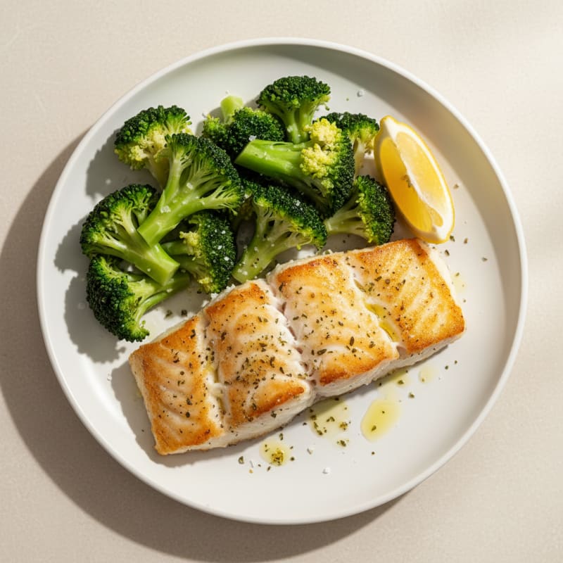 Seared Cod with Steamed Broccoli and Lemon