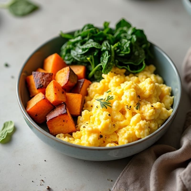 Fluffy Scrambled Eggs with Sautéed Spinach and Roasted Sweet Potato