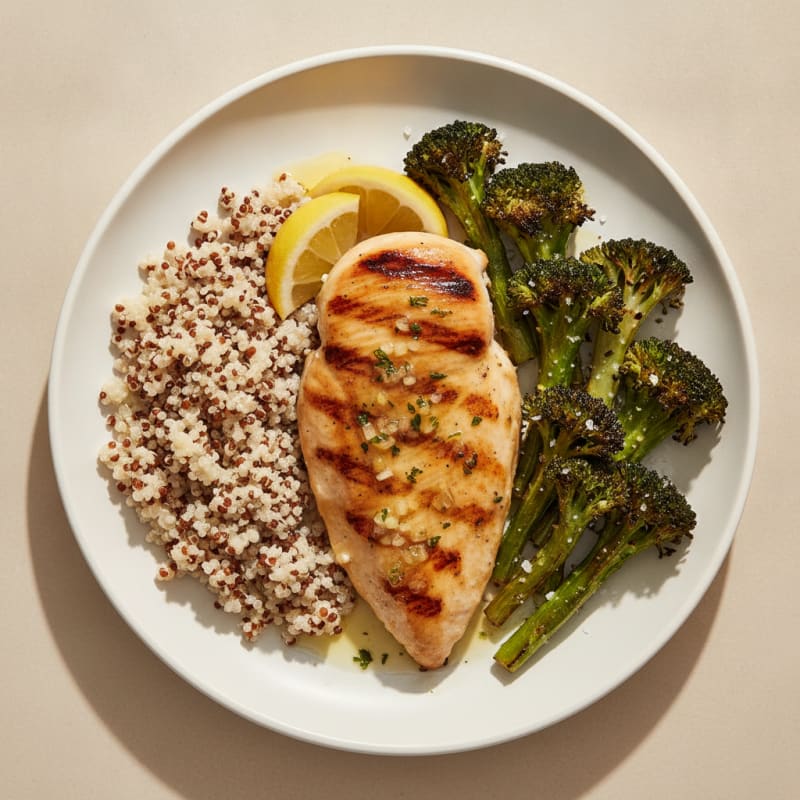 Grilled Lemon-Garlic Chicken Breast with Quinoa and Roasted Broccoli