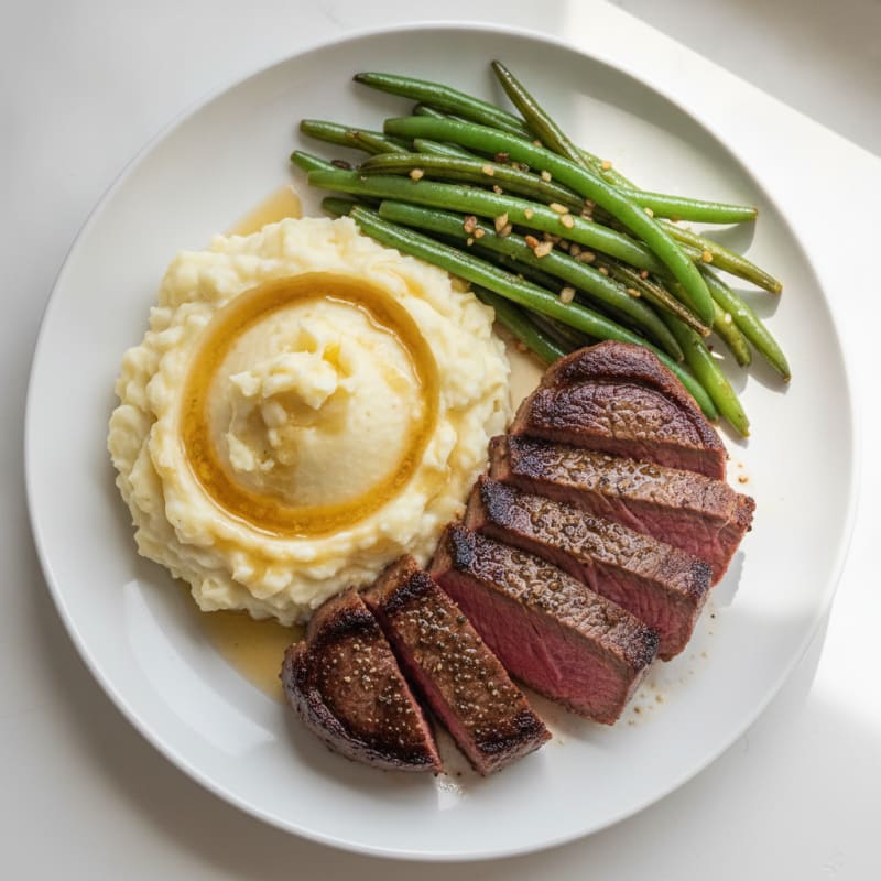 Seared Beef Steak with Garlic Green Beans and Mashed Potatoes
