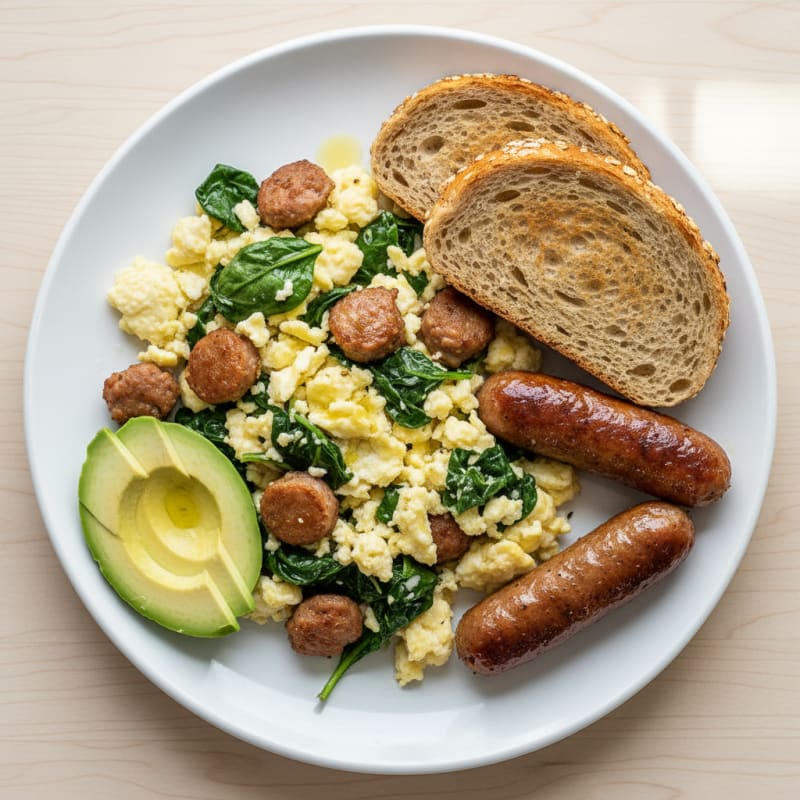 Egg White and Spinach Scramble with Turkey Sausage