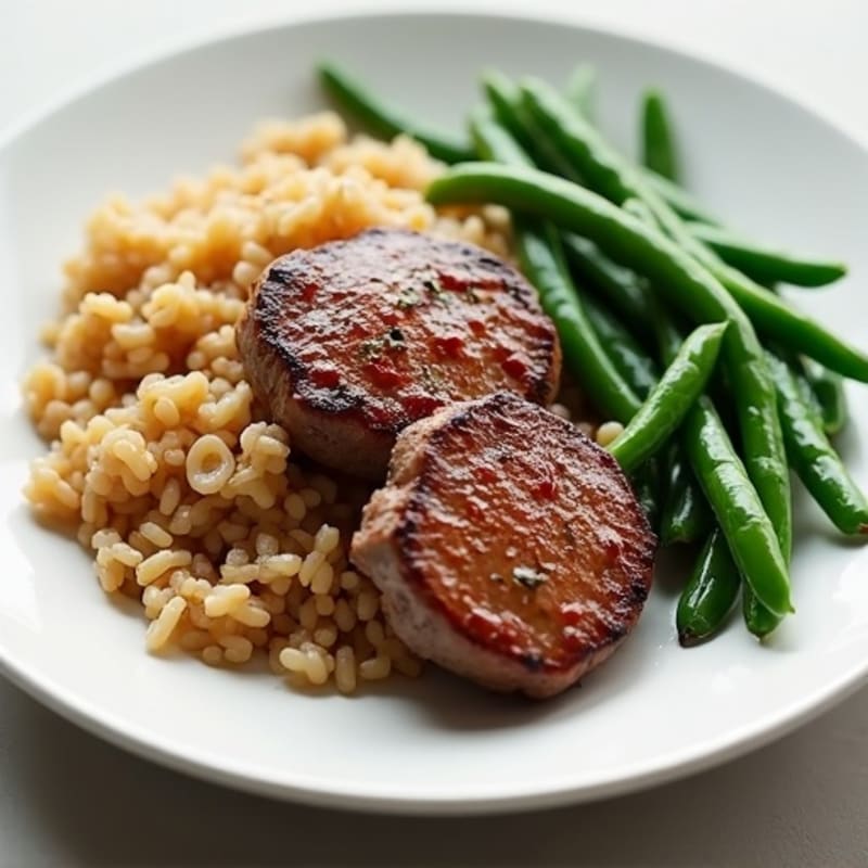Seared Beef Medallions with Garlic Green Beans and Brown Rice