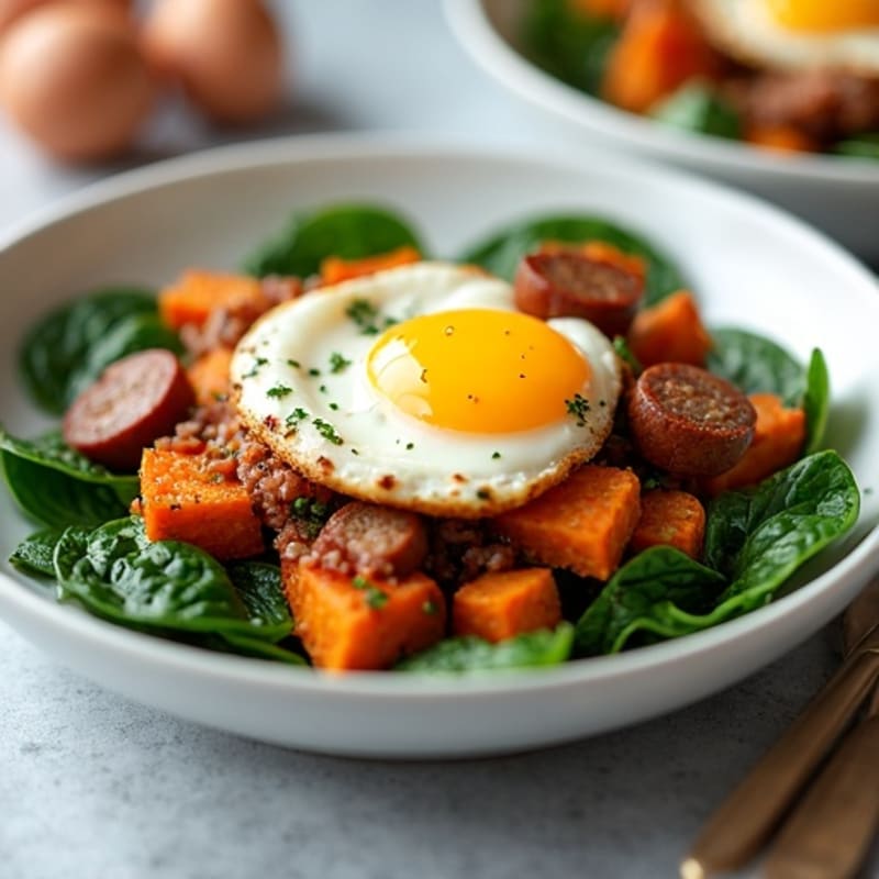 Crispy Sweet Potato and Egg Hash with Sautéed Spinach