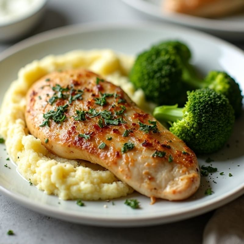 Herb-Roasted Chicken with Creamy Garlic Mashed Potatoes and Roasted Broccoli