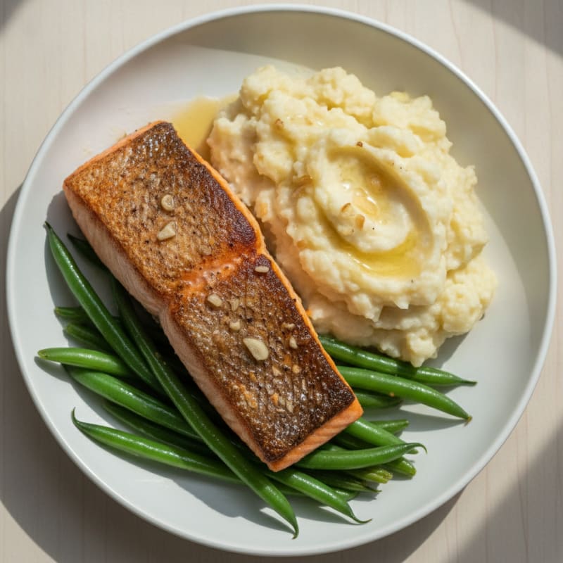 Seared Salmon with Steamed Green Beans and Garlic Mashed Cauliflower