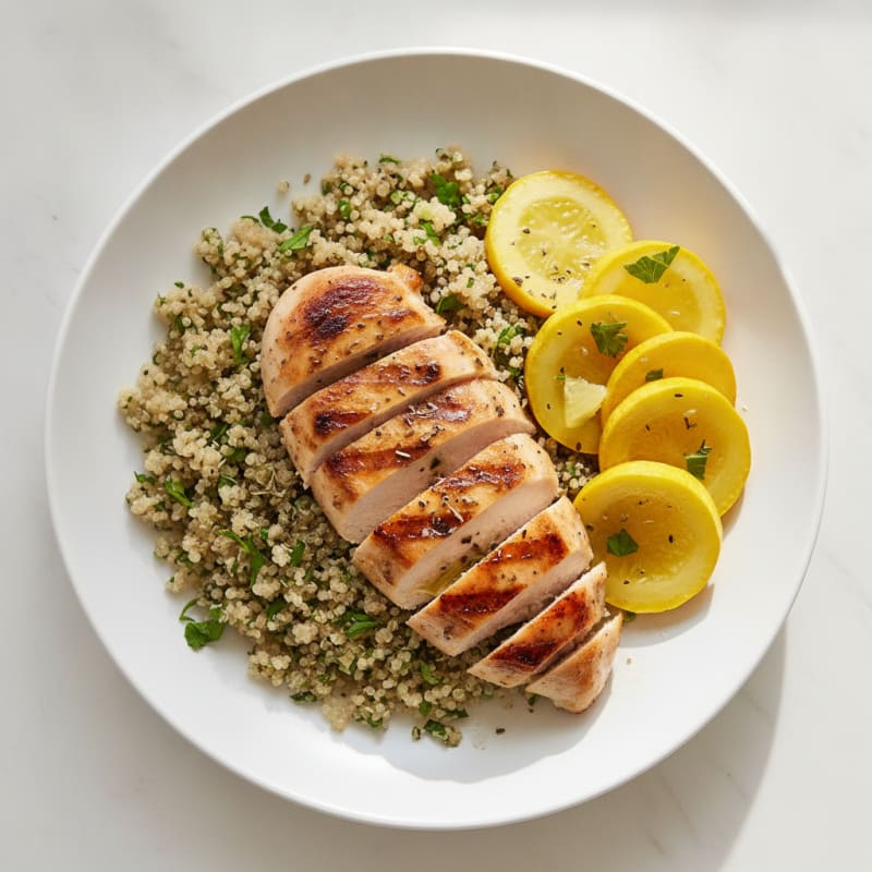 Grilled Chicken Breast with Steamed Squash and Herb Quinoa