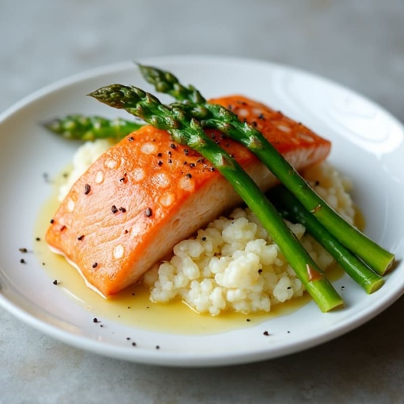 Seared Salmon Fillet with Roasted Asparagus and Cauliflower Mash