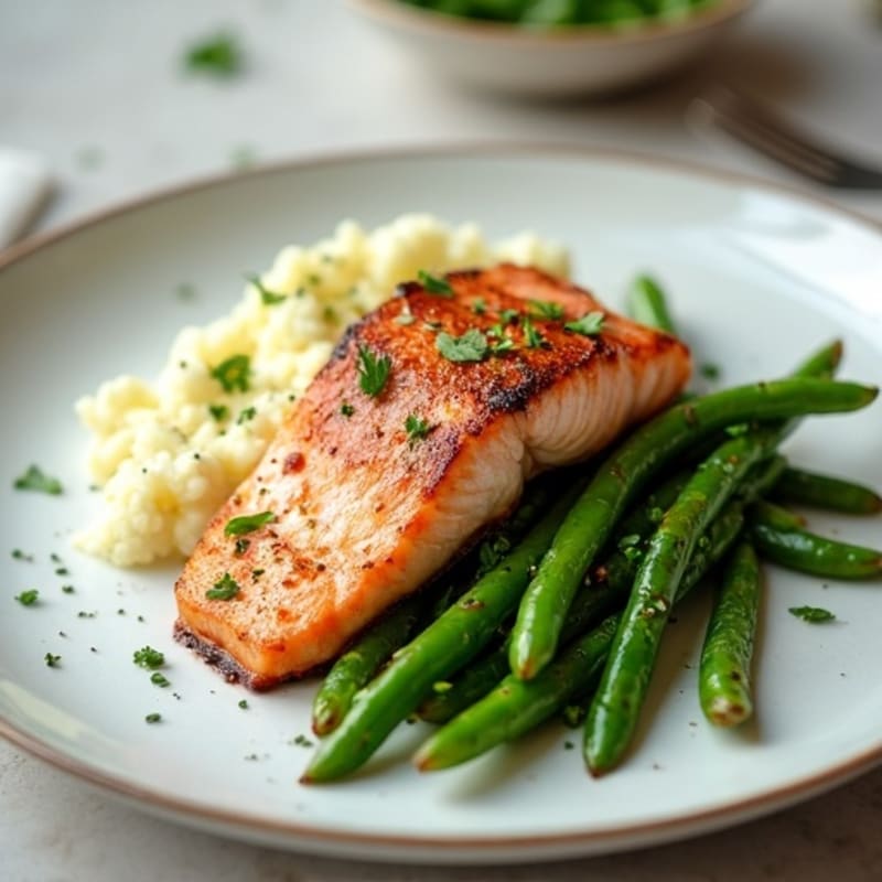 Seared Salmon with Garlic Green Beans and Cauliflower Mash