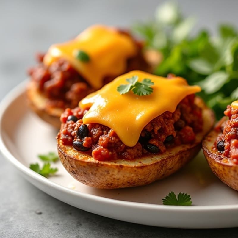 Crispy Baked Potato Skins with Lean Beef Chili and Melted Cheddar
