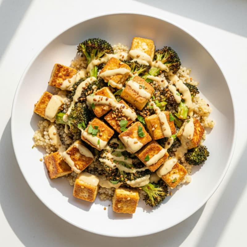 Crispy Tofu and Quinoa Bowl with Roasted Broccoli and Tahini Drizzle