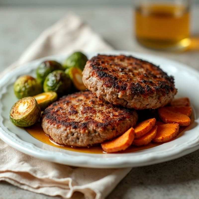 Lean Beef Patties with Roasted Sweet Potatoes and Crispy Brussels Sprouts