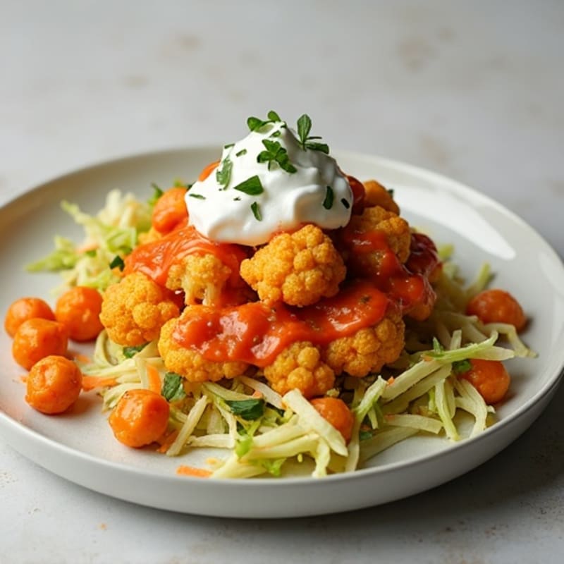 Crispy Buffalo Roasted Cauliflower with Creamy Ranch Slaw