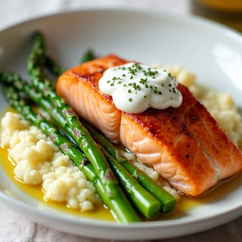 Seared Salmon Filet with Steamed Asparagus and Cauliflower Mash