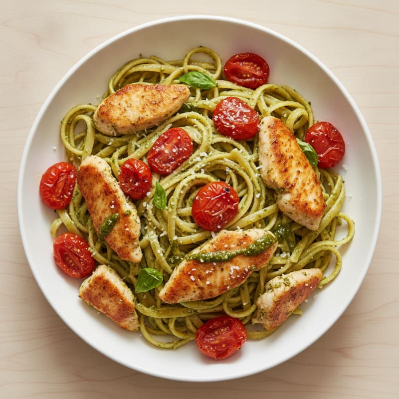 Pesto Chicken Linguine with Blistered Tomatoes