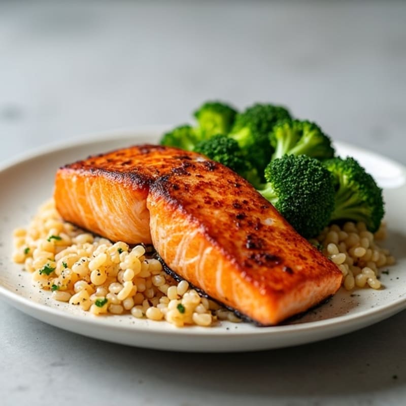 Seared Salmon Fillet with Steamed Broccoli and Brown Rice
