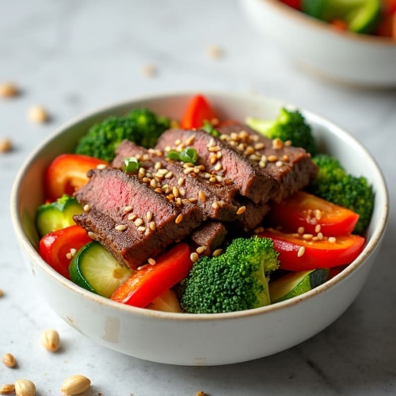 Garlic Sesame Beef with Crisp Sautéed Vegetables