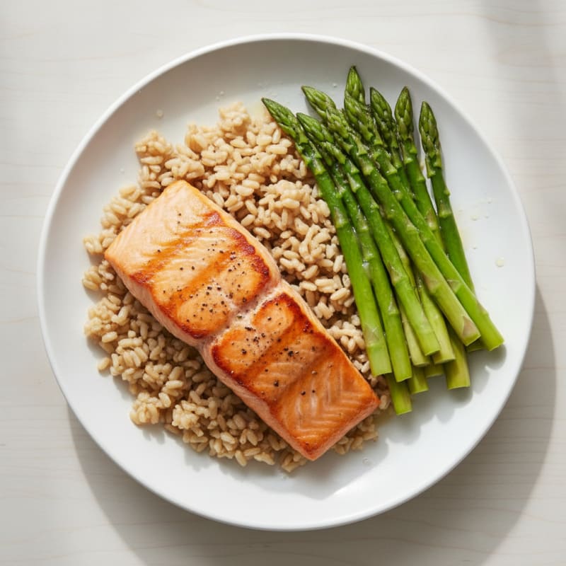 Seared Salmon with Steamed Asparagus and Brown Rice