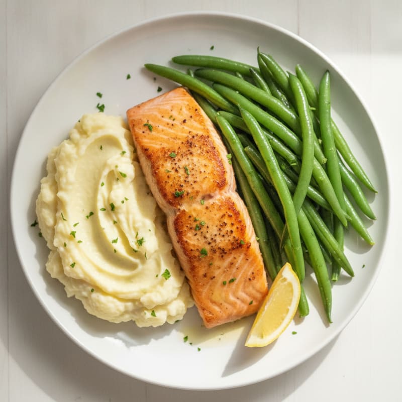 Seared Salmon with Steamed Green Beans and Garlic Mashed Cauliflower