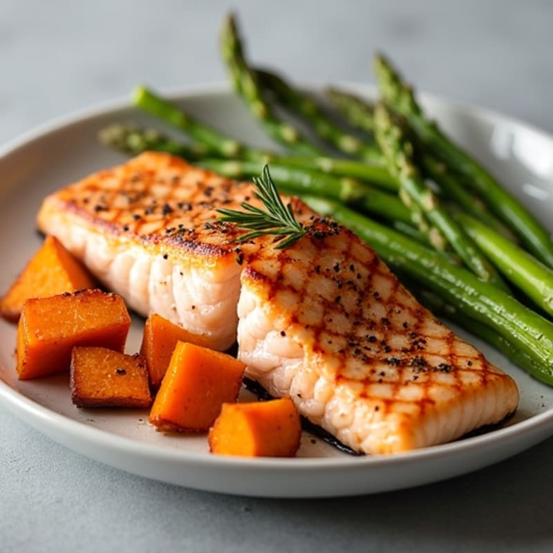 Seared Salmon Fillet with Roasted Sweet Potatoes and Asparagus