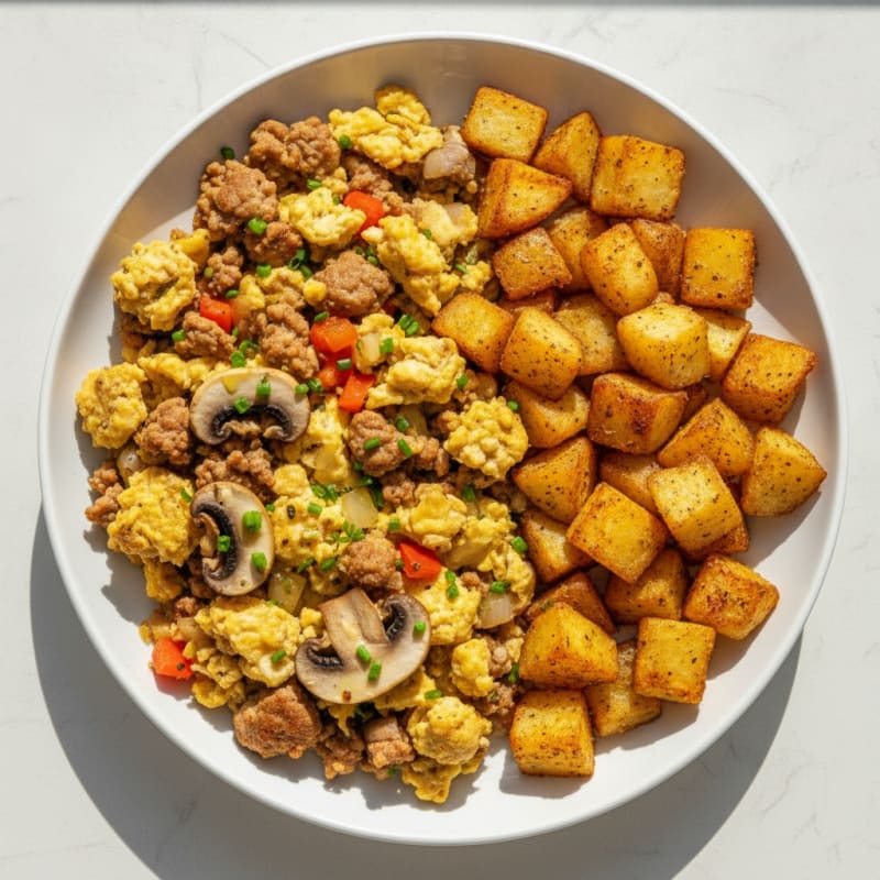 Turkey Mushroom Egg Scramble with Roasted Potatoes