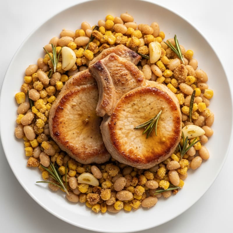 Seared Pork Chops with Herb Roasted Beans and Corn