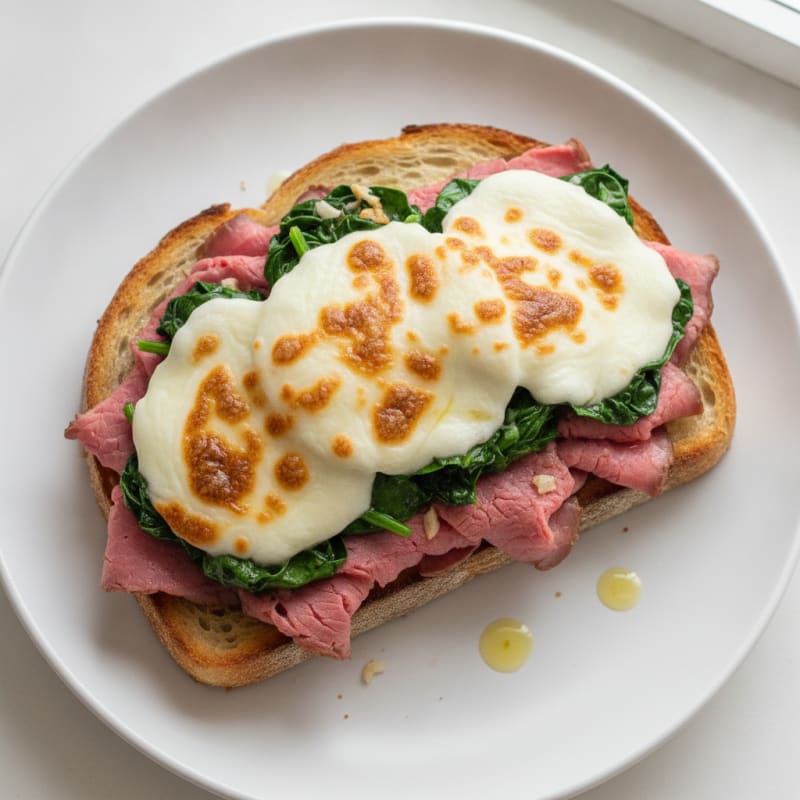 Roast Beef Open-Face Sandwich with Mozzarella and Sautéed Spinach