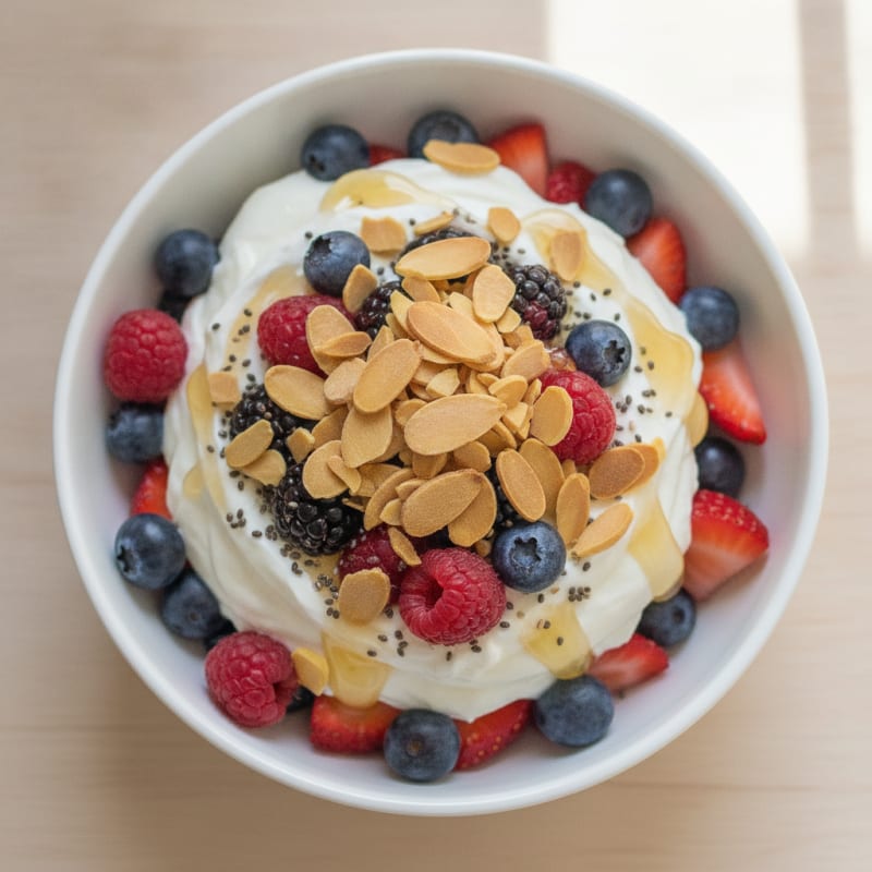 Greek Yogurt Protein Parfait with Mixed Berries and Almonds
