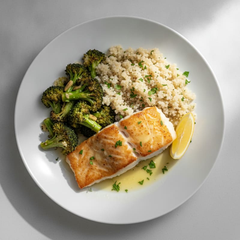 Seared White Fish with Roasted Broccoli and Quinoa