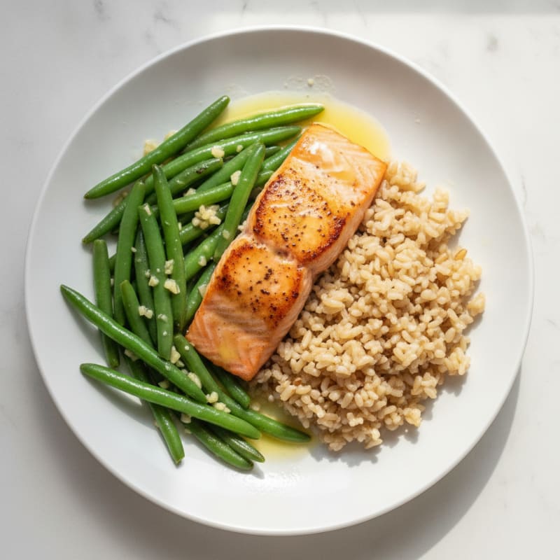 Seared Salmon Fillet with Garlic Green Beans and Brown Rice