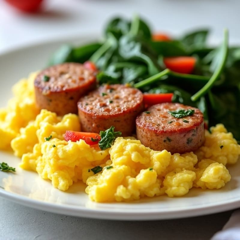 Scrambled Egg Whites with Turkey Sausage and Sautéed Spinach