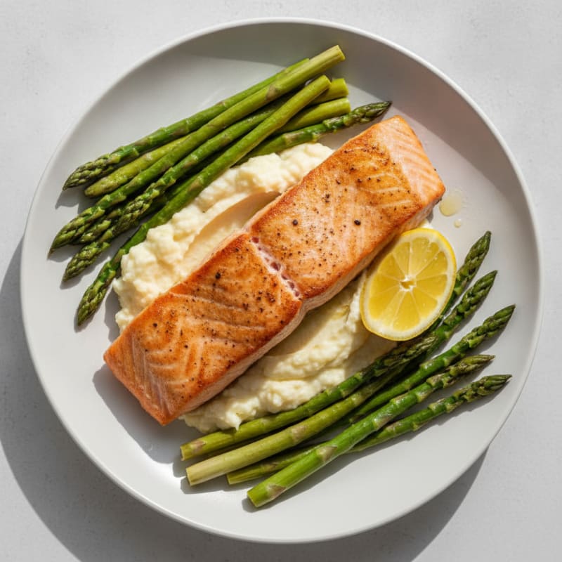 Seared Salmon with Steamed Asparagus and Cauliflower Mash