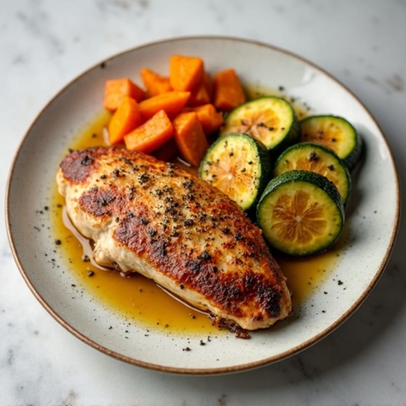 Seared Turkey Breast with Roasted Zucchini and Sweet Potato