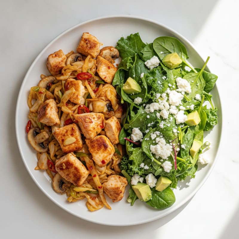 Chili-Spiced Chicken and Cabbage Stir-Fry with Mixed Leafy Salad