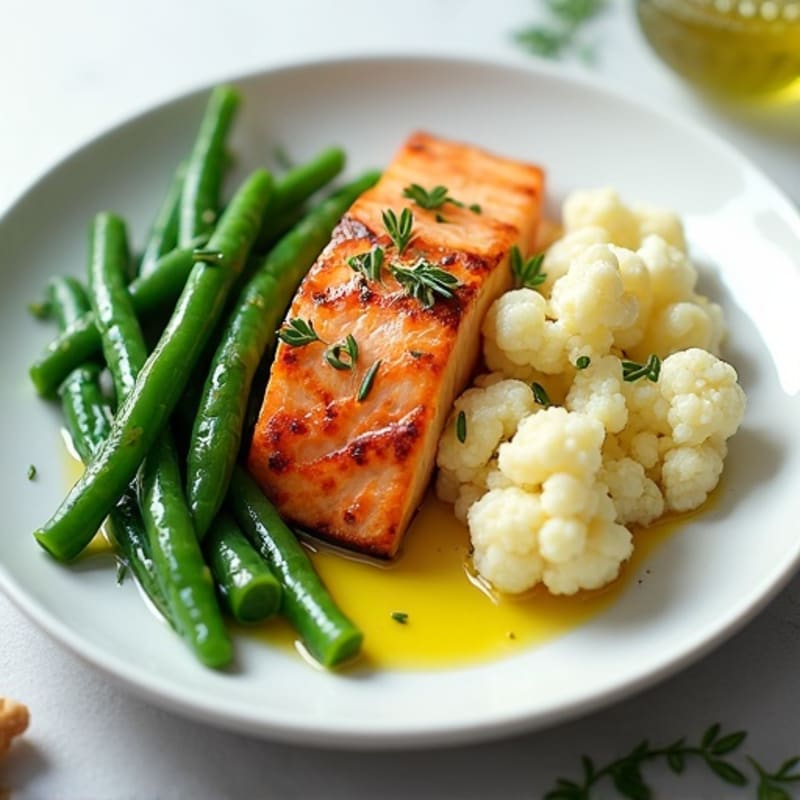 Seared Salmon with Steamed Green Beans and Mashed Cauliflower
