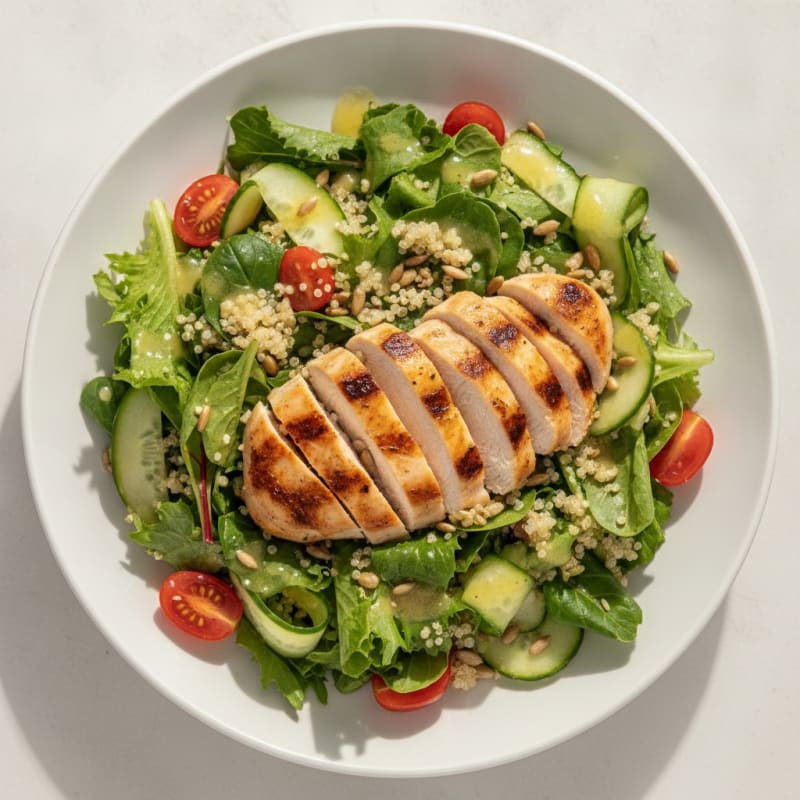 Grilled Chicken Breast Salad with Leafy Greens and Quinoa