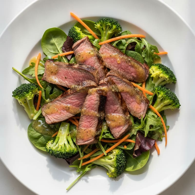 Grilled Beef Steak Salad with Broccoli and Carrots