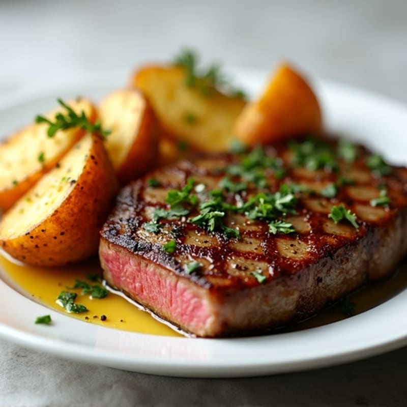 Pan-Seared Garlic Herb Steak with Crispy Roasted Potatoes