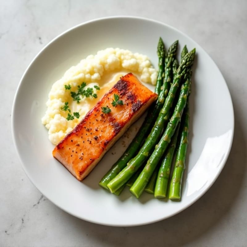 Seared Salmon with Steamed Asparagus and Cauliflower Mash