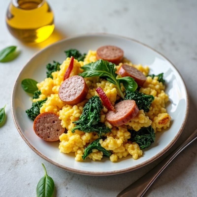 Egg White Scramble with Turkey Sausage and Sautéed Spinach