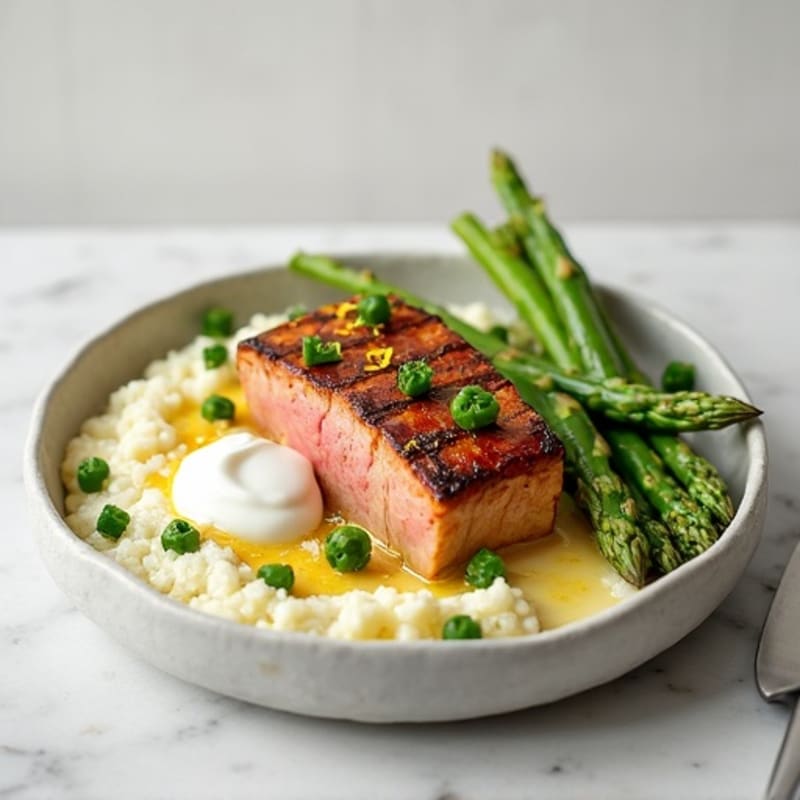 Seared Tuna Steak with Steamed Asparagus and Cauliflower Mash