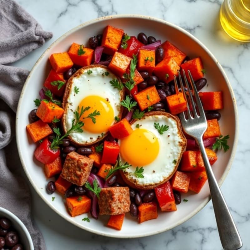 Sheet Pan Roasted Sweet Potato and Egg Hash