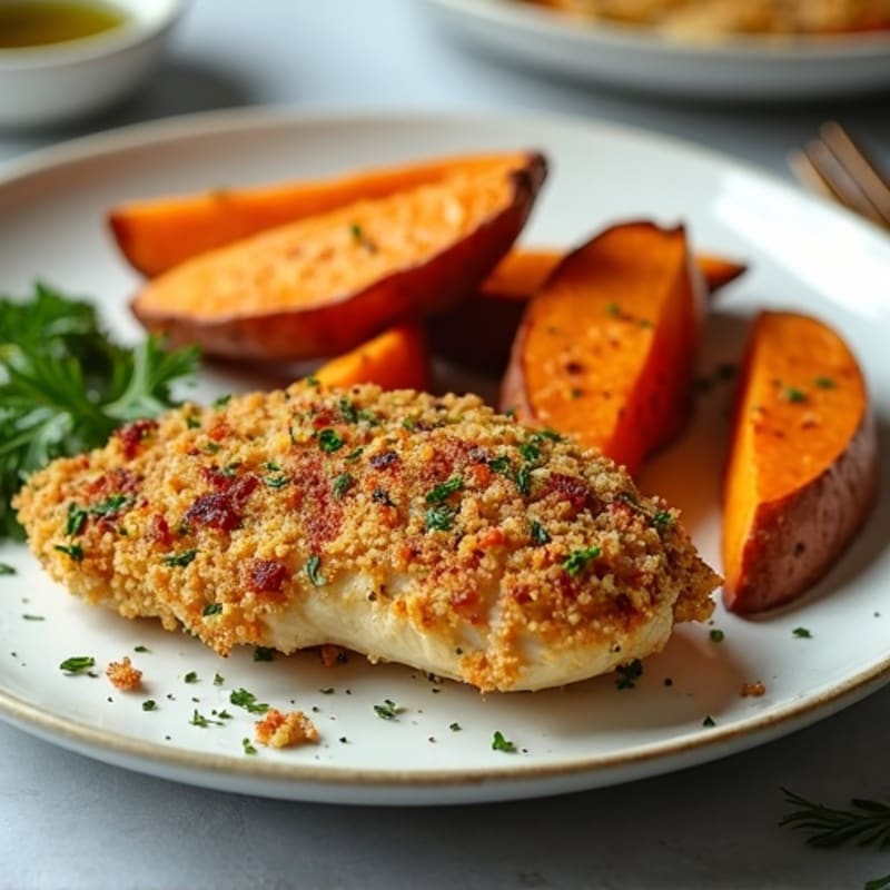 Crispy Herb-Crusted Chicken with Roasted Sweet Potato Wedges