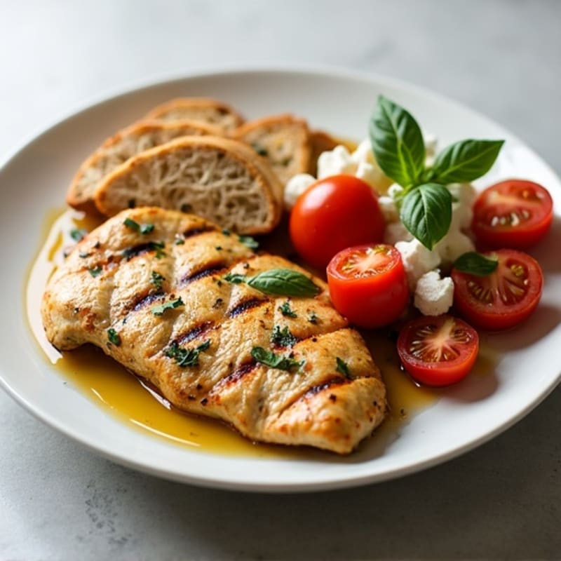 Grilled Lemon-Herb Chicken with Crispy Whole Grain Rusk and Fresh Tomato-Feta Salad