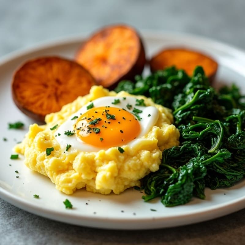 Fluffy Egg Scramble with Sautéed Spinach and Roasted Sweet Potatoes