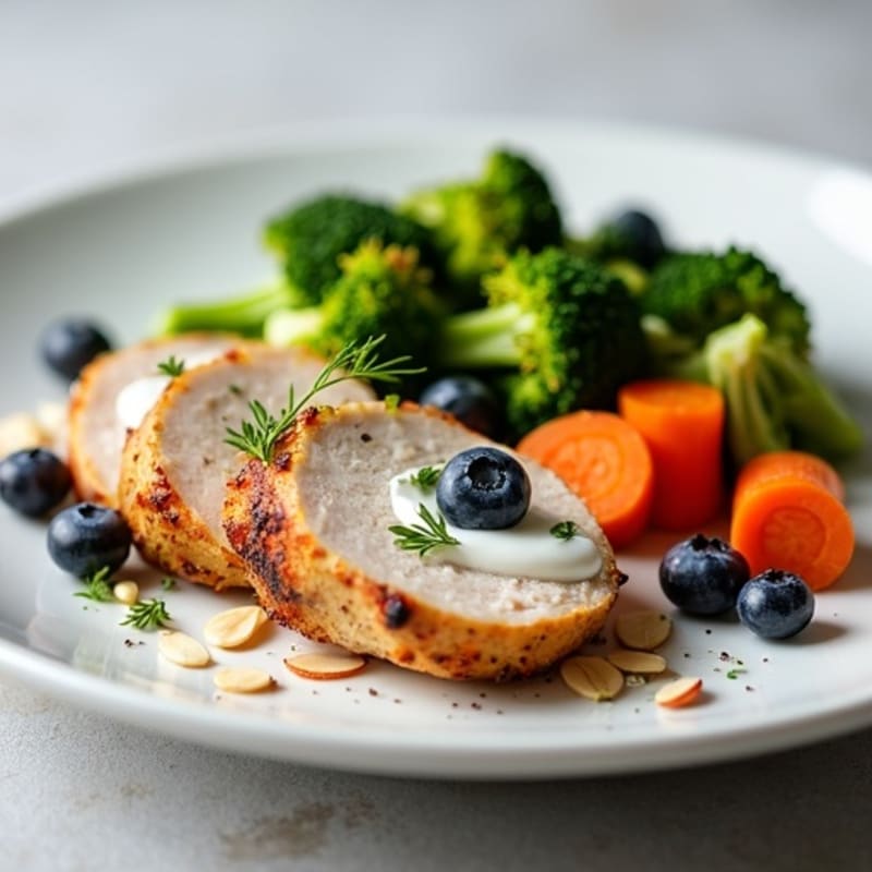 Roasted Turkey Breast with Steamed Broccoli and Carrots with Greek Yogurt Herb Sauce and Blueberry-Almond Garnish